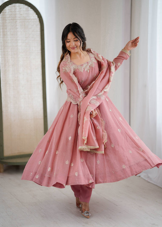 Elegant Embroidered Sequence Designer Pink Anarkali Three Piece Set