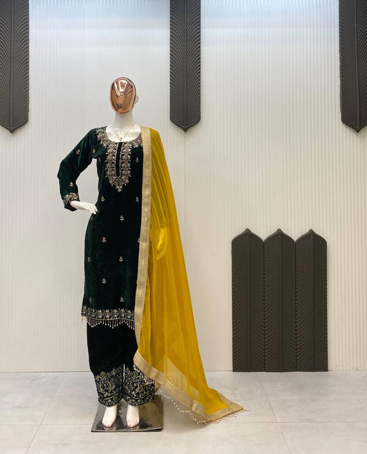 Velvet Luxe Kurta Palazzo With Yellow Dupatta