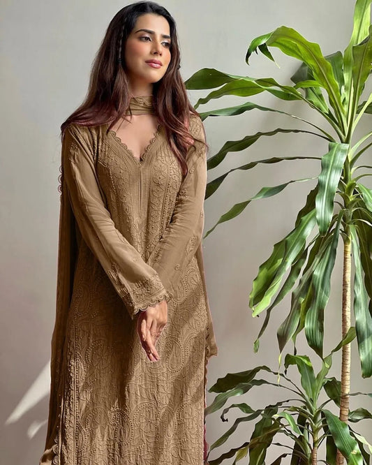 Brown Georgette Chikankari Embroidery Kurta With Pant & Dupatta | For Women