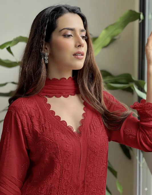Red Cotton Bloom Embroidery Chikankari Kurti Plazzo with Dupatta Set