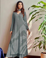 Grey Cotton Bloom Embroidery Chikankari Kurti Plazzo with Dupatta Set