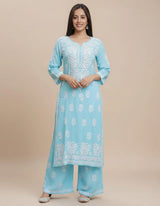Sky Blue Premium Rayon Chikankari Embroidered Kurti Set with Palazzo