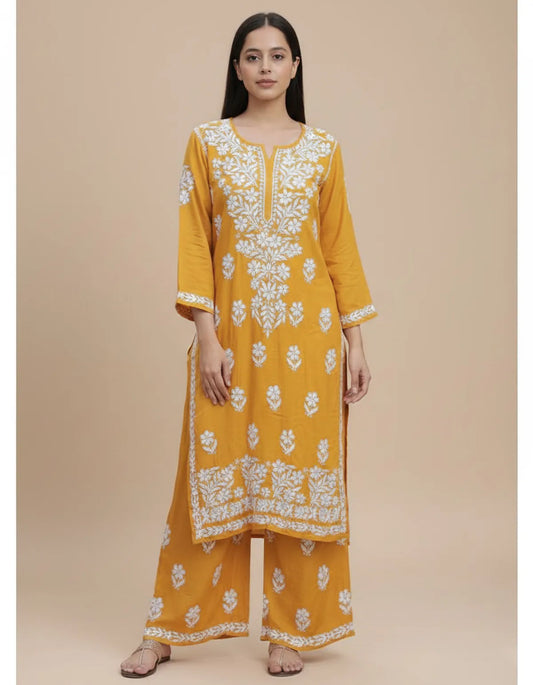 Yellow Premium Rayon Chikankari Embroidered Kurti Set with Palazzo