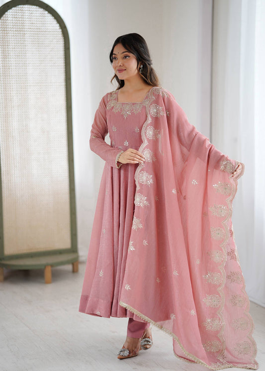 Elegant Embroidered Sequence Designer Pink Anarkali Three Piece Set
