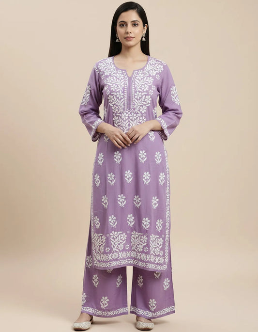Lavender Premium Rayon Chikankari Embroidered Kurti Set with Palazzo