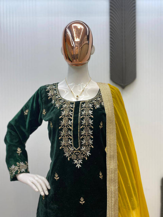 Velvet Luxe Kurta Palazzo With Yellow Dupatta