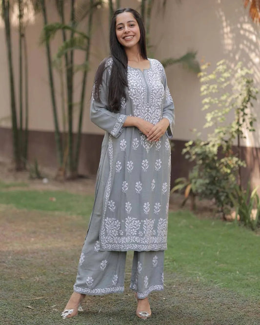 Grey Premium Rayon Chikankari Embroidered Kurti Set with Palazzo