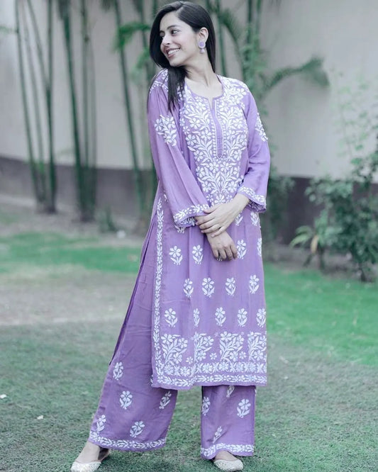 Lavender Premium Rayon Chikankari Embroidered Kurti Set with Palazzo
