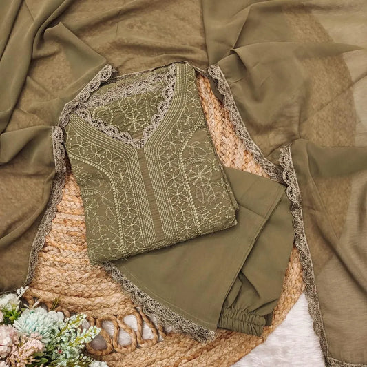 Brown Georgette Chikankari Embroidery Kurta With Pant & Dupatta | For Women