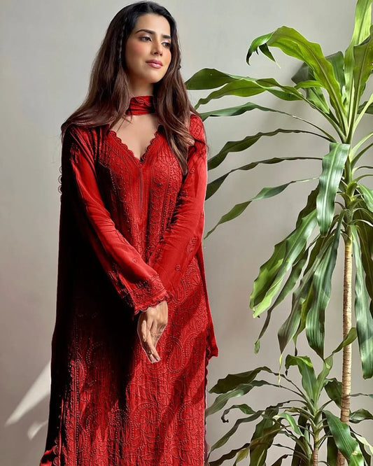 Red Cotton Bloom Embroidery Chikankari Kurti Plazzo with Dupatta Set