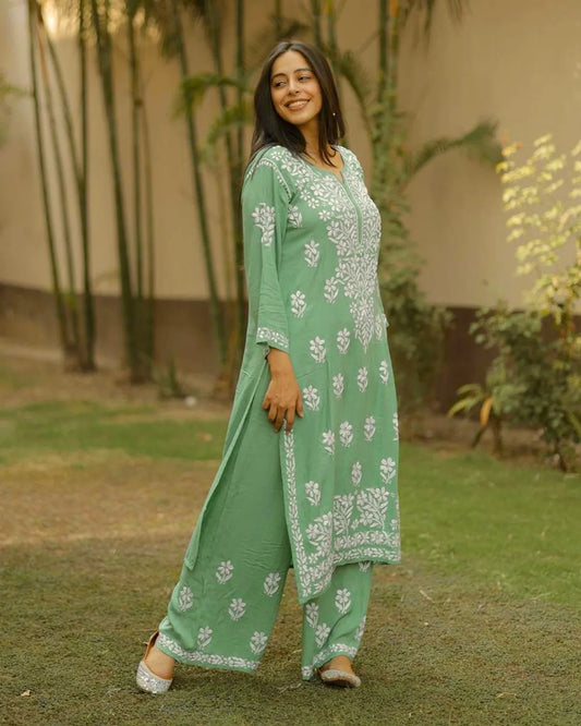 Pastel Mint Green Premium Rayon Chikankari Embroidered Kurti Set with Palazzo