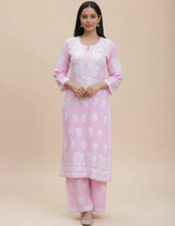 Baby Pink Premium Rayon Chikankari Embroidered Kurti Set with Palazzo