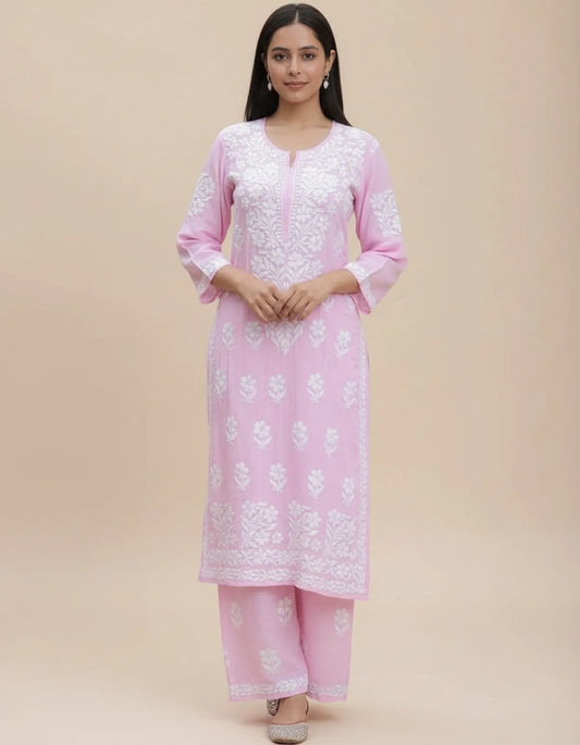 Baby Pink Premium Rayon Chikankari Embroidered Kurti Set with Palazzo
