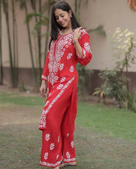 Red Premium Rayon Chikankari Embroidered Kurti Set with Palazzo
