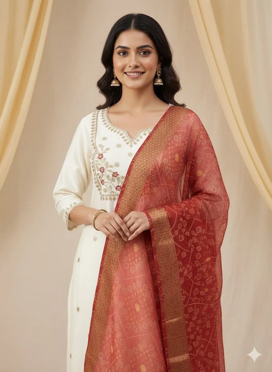 Premium  Cream White Roman Silk Designer Kurti Pant Dupatta Set For Women