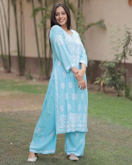 Sky Blue Premium Rayon Chikankari Embroidered Kurti Set with Palazzo