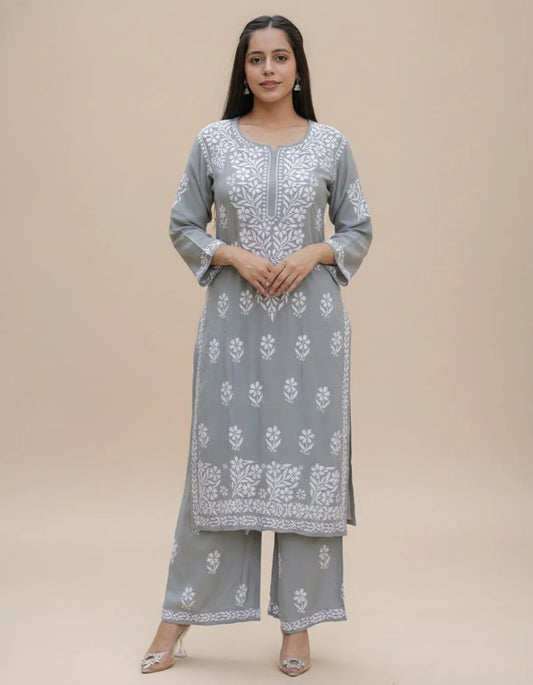 Grey Premium Rayon Chikankari Embroidered Kurti Set with Palazzo