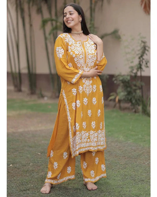 Yellow Premium Rayon Chikankari Embroidered Kurti Set with Palazzo