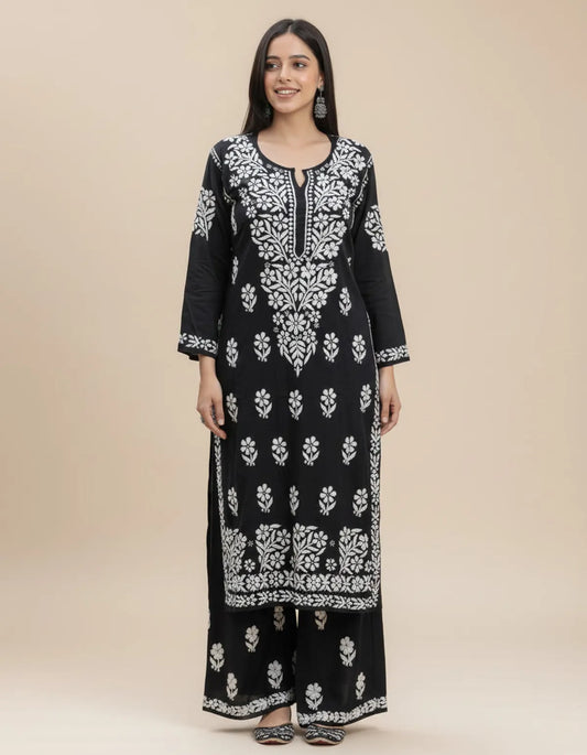 Black Premium Rayon Chikankari Embroidered Kurti Set with Palazzo