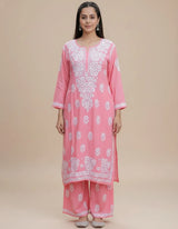 Peach Premium Rayon Chikankari Embroidered Kurti Set with Palazzo