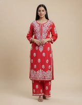 Red Premium Rayon Chikankari Embroidered Kurti Set with Palazzo