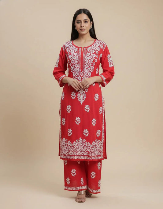 Red Premium Rayon Chikankari Embroidered Kurti Set with Palazzo