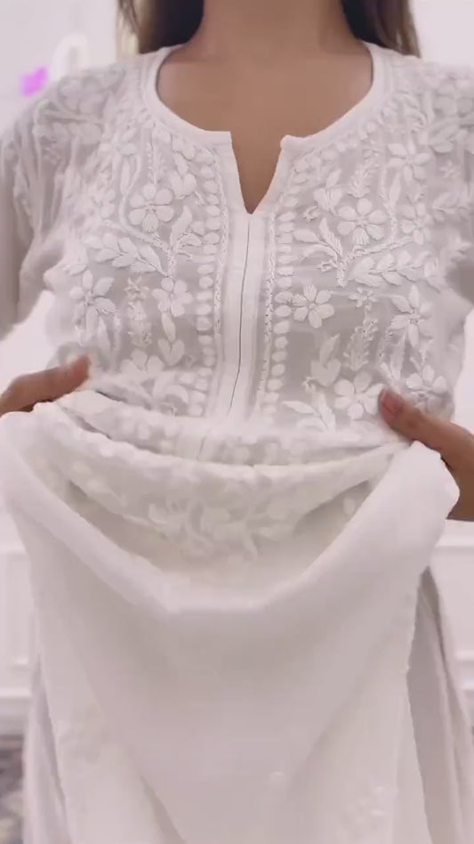 Premium White Maslin Embroidered Kurti Set with Palazzo & Dupatta
