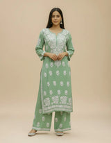 Pastel Mint Green Premium Rayon Chikankari Embroidered Kurti Set with Palazzo
