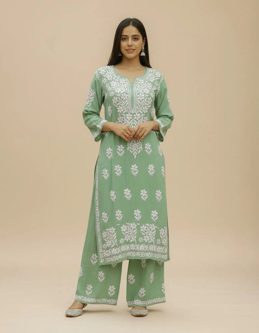 Pastel Mint Green Premium Rayon Chikankari Embroidered Kurti Set with Palazzo